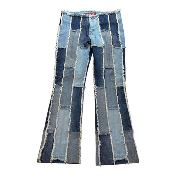 Vintage 90s Zana Di Patchwork Flare Jeans Y2K Hippie Low Rise Raw Fringe - Picture 1 of 11